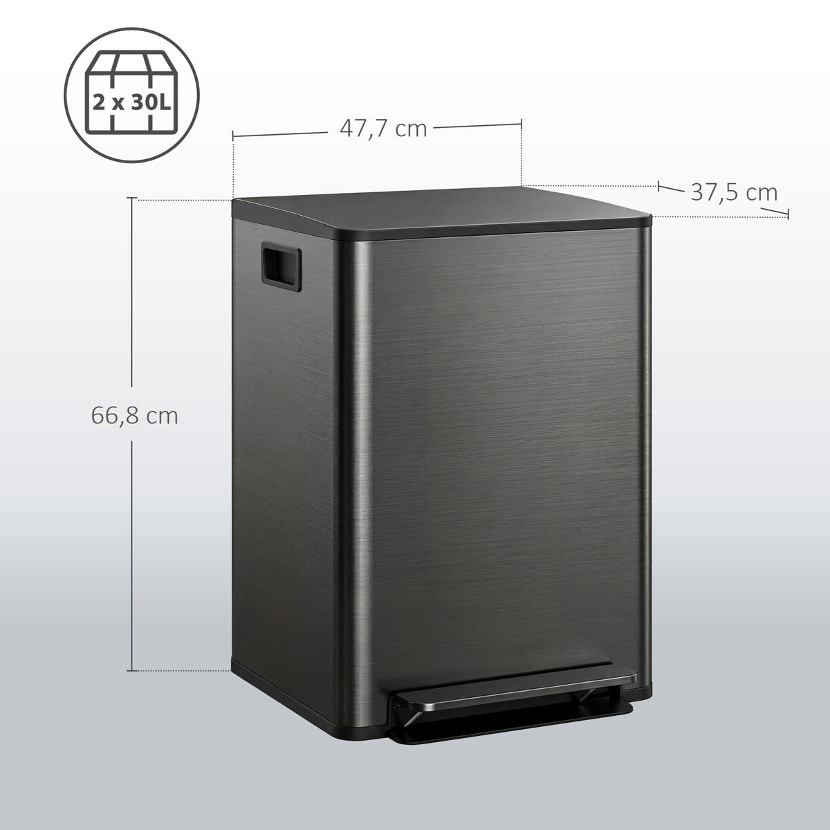 Poubelle de cuisine 2 compartiments de 2 x 30L, acier inoxydable, couvercle à fermeture douce, 47,7x37,5x66,8cm, noir-2