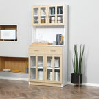 Buffet haut de Cuisine Armoire de Cuisine Multi-Rangement 4 Portes vitrine Verre avec étagère tiroir Coulissant Grand Plateau en Bois Blanc Aspect chêne Clair-9