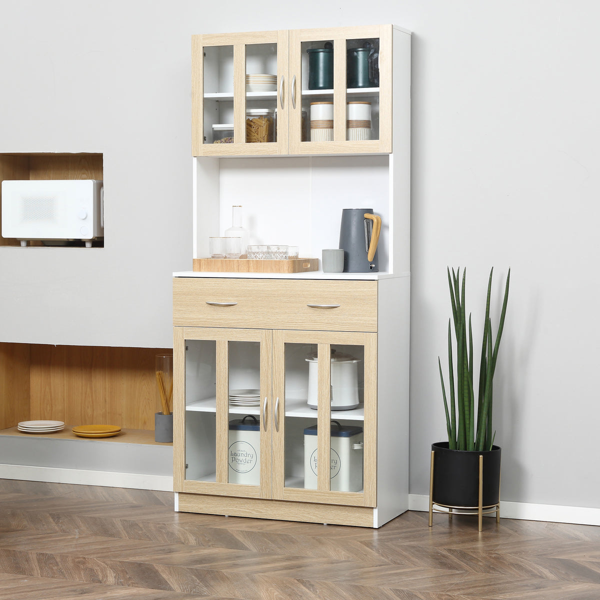 Buffet haut de Cuisine Armoire de Cuisine Multi-Rangement 4 Portes vitrine Verre avec étagère tiroir Coulissant Grand Plateau en Bois Blanc Aspect chêne Clair-9