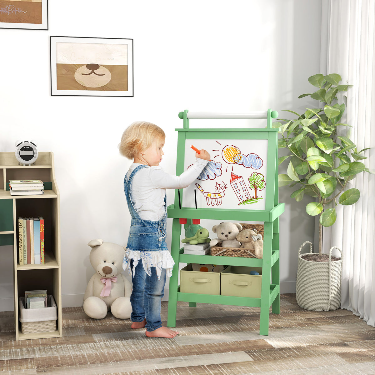 Tableau chevalet enfant 3 en 1 avec tableau blanc magnétique, tableau à craie, rouleau papier, 2 paniers, 3-6 ans, vert-1