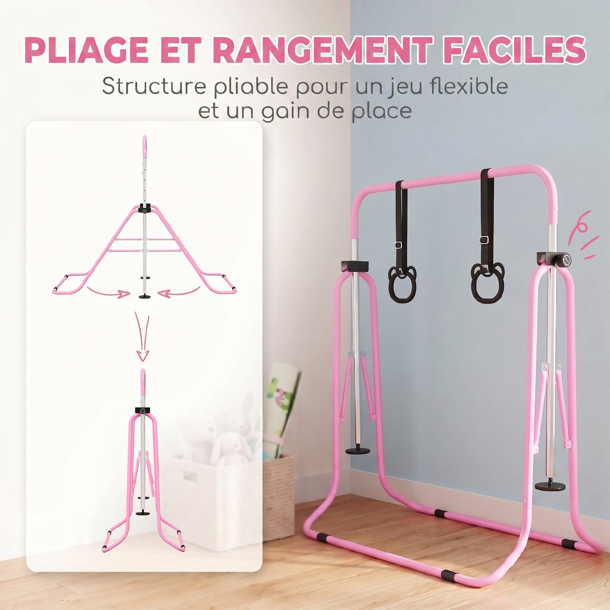 Barre de gymnastique pour enfants, barre horizontale pliable à hauteur réglable avec anneaux de gymnastique, rose-4