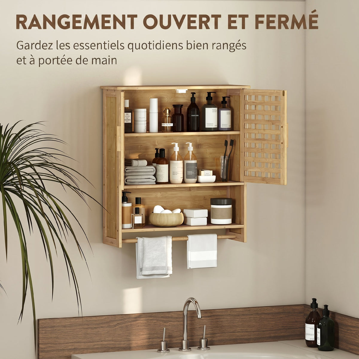 Armoire murale de salle de bain en bambou avec 2 portes ajourées, compartiment ouvert et étagère réglable, bois naturel-3