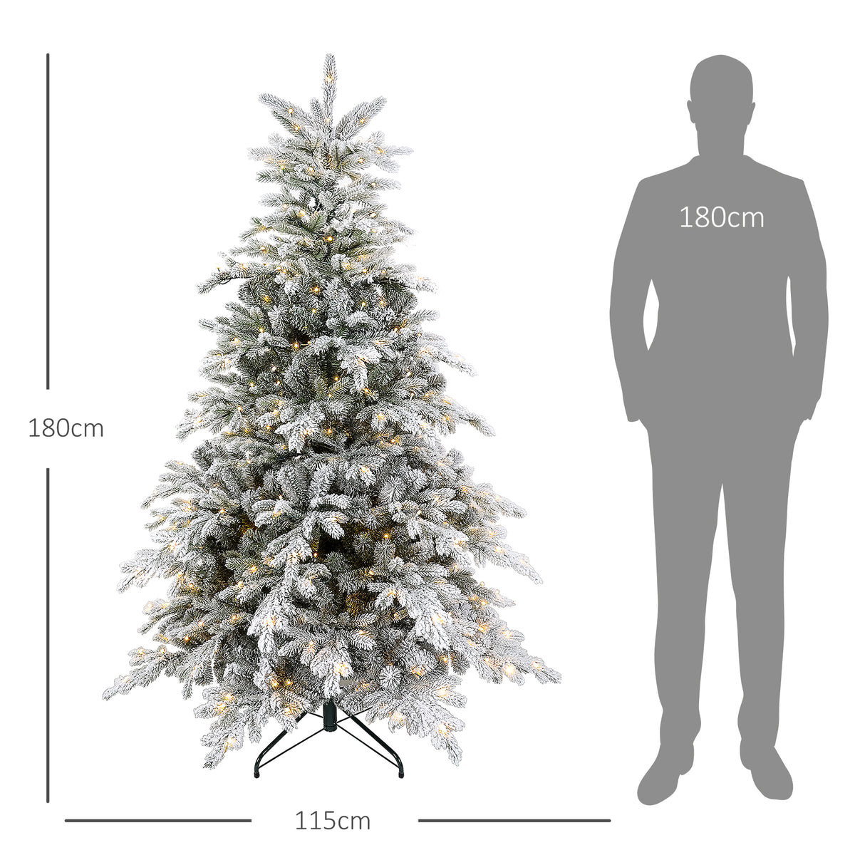 Sapin de Noël artificiel 180 cm arbre de Noël lumineux floqué enneigé avec lumière LED blanc chaud et 1321 pointes-2