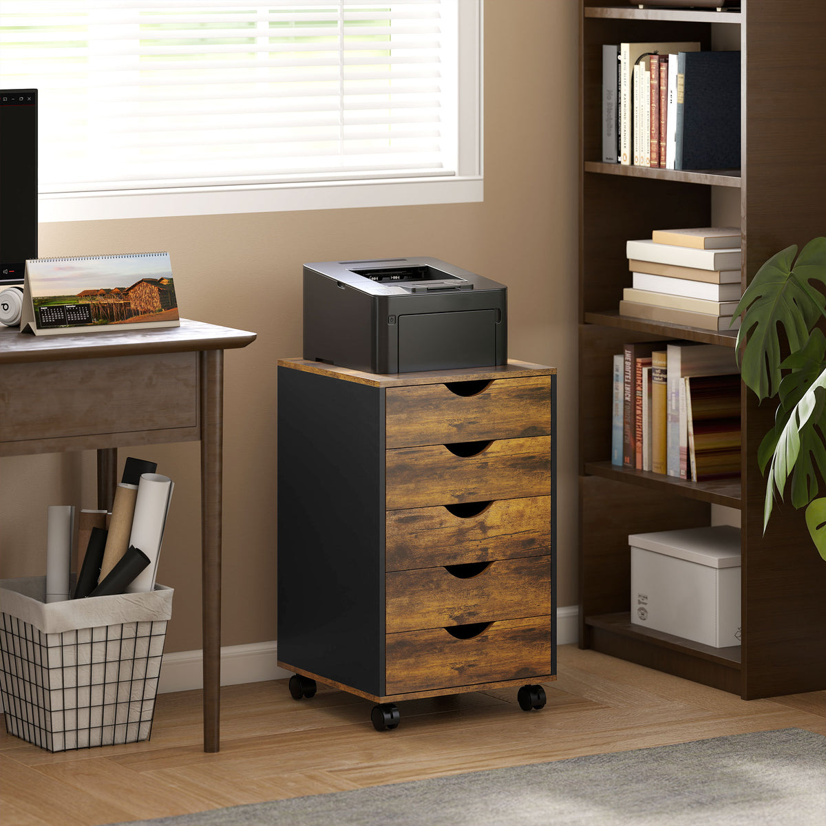 Caisson bureau mobile, meuble rangement sur roulettes avec 5 tiroirs, bois, 40 x 40 x 67 cm, marron-1