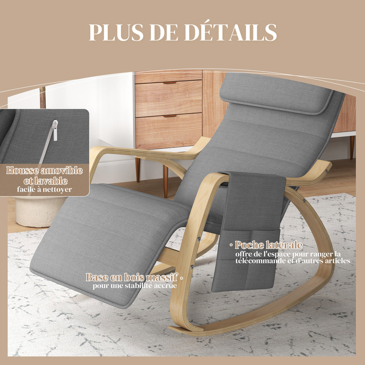 Fauteuil relax à bascule fauteuil allaitement avec repose-pieds réglable, poche latérale et appui-tête, gris-5