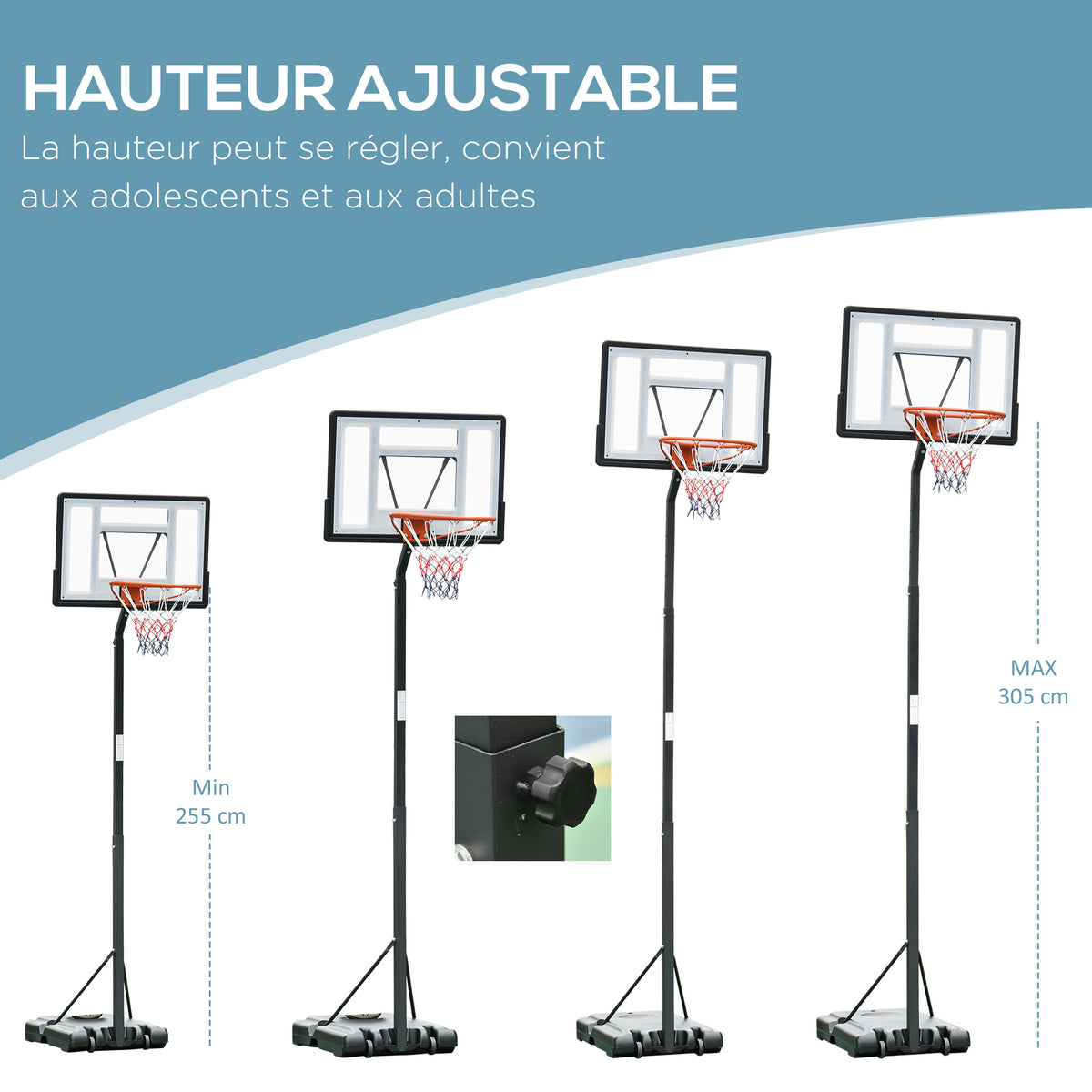 Panier de Basket extérieur avec poteau panneau, base de lestage sur roulettes hauteur réglable 2,55 - 3,05 m (panier) usage intérieur extérieur noir blanc-3