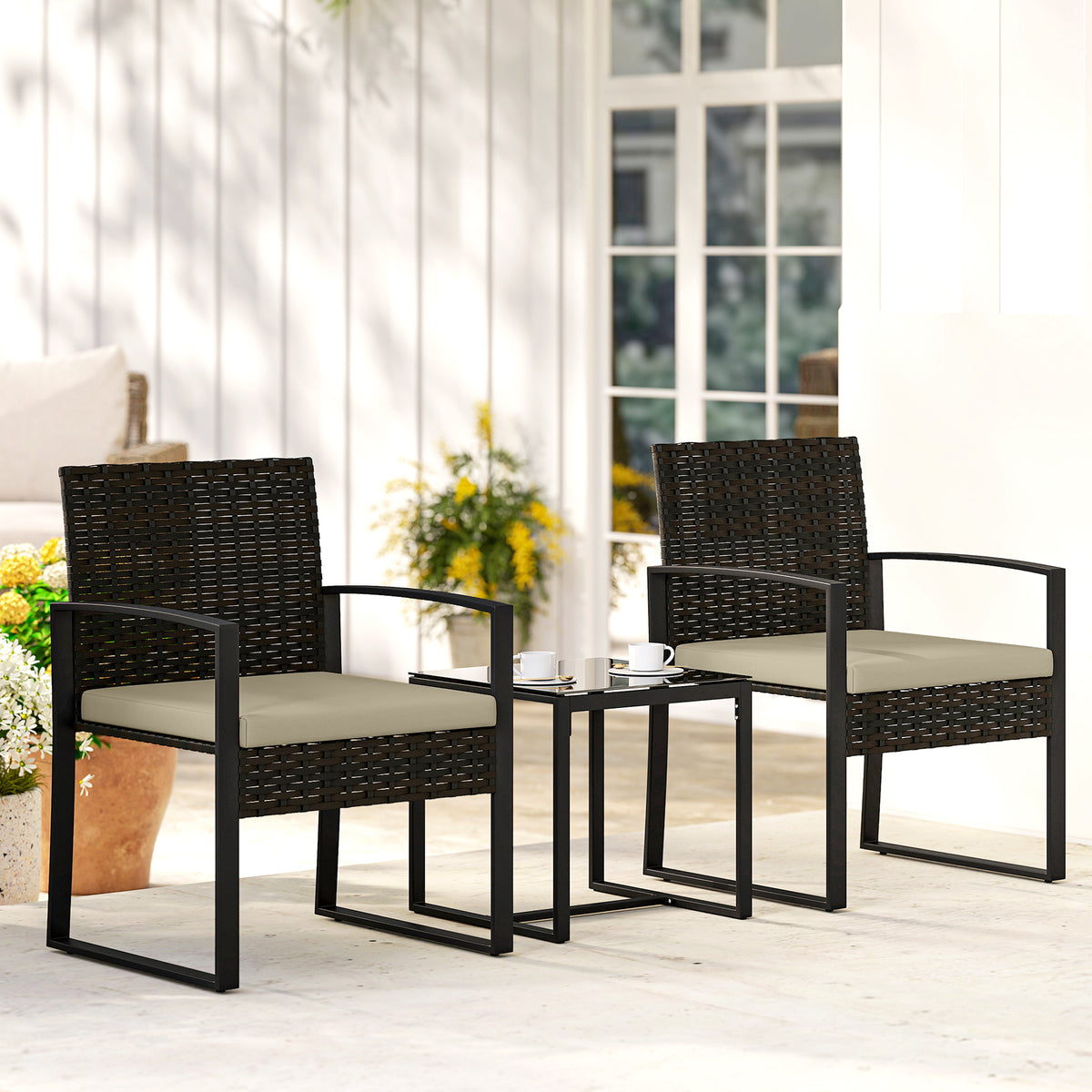 Salon de jardin extérieur en résine tressée 2 personnes, table de jardin avec 2 chaises, plateau en verre trempé, marron-1