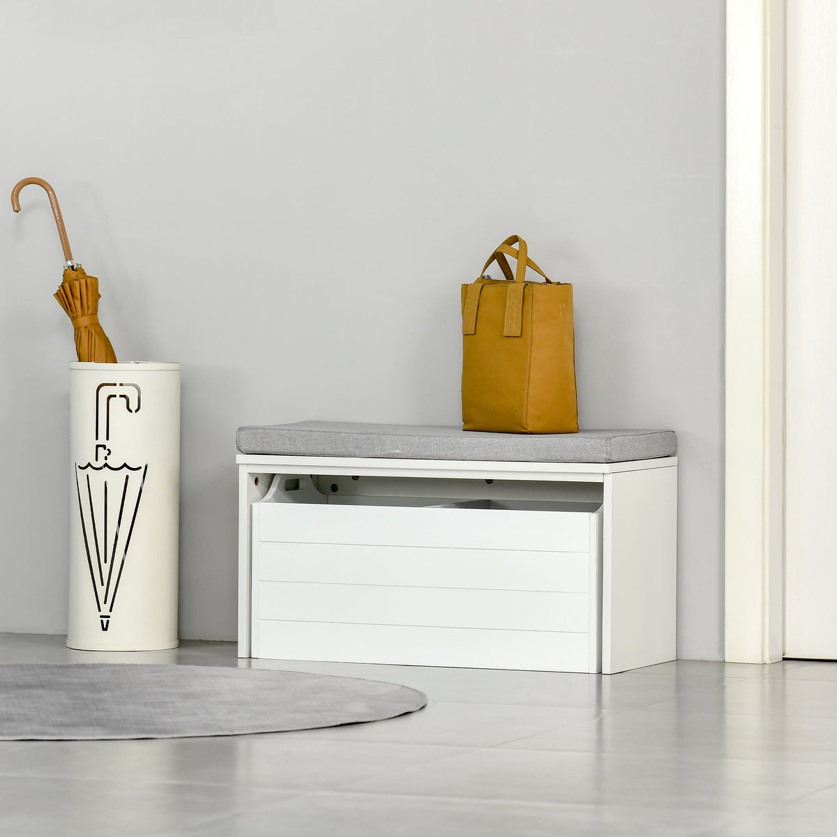 Banc de Rangement avec Coussin Gris - Meuble à Chaussures - Banc à Chaussures avec Grand tiroir Double Compartiment - MDF Blanc-1