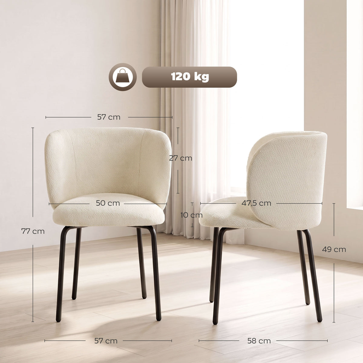 Lot de 2 Chaises Salle à Manger Rembourrées en Chenille, Dossier Incurvé, Pieds Métal, Style Moderne, 57x58x77cm, Beige-2