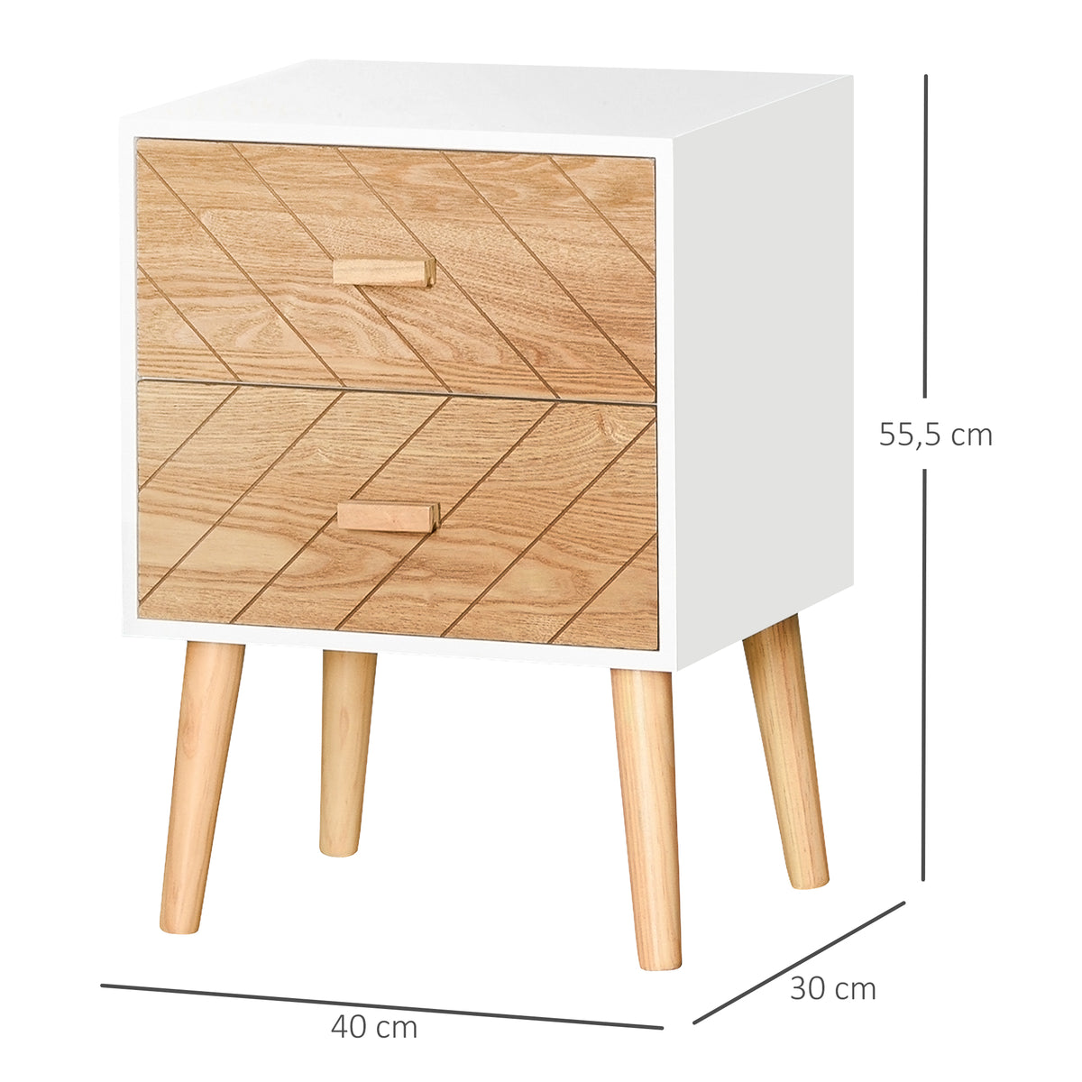 Chevet Table de Nuit Design scandinave 40L x 30l x 56H cm tiroirs Bois Massif pin MDF Blanc et hêtre Motif Graphique-2