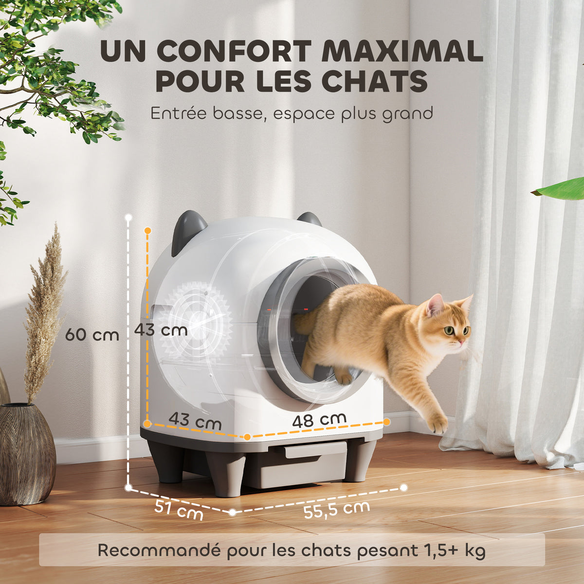 Bac à litière pour chat autonettoyant 80L, bac à litière automatique contrôle app, anti-pinch, 55,5 x 51 x 60 cm, blanc-2