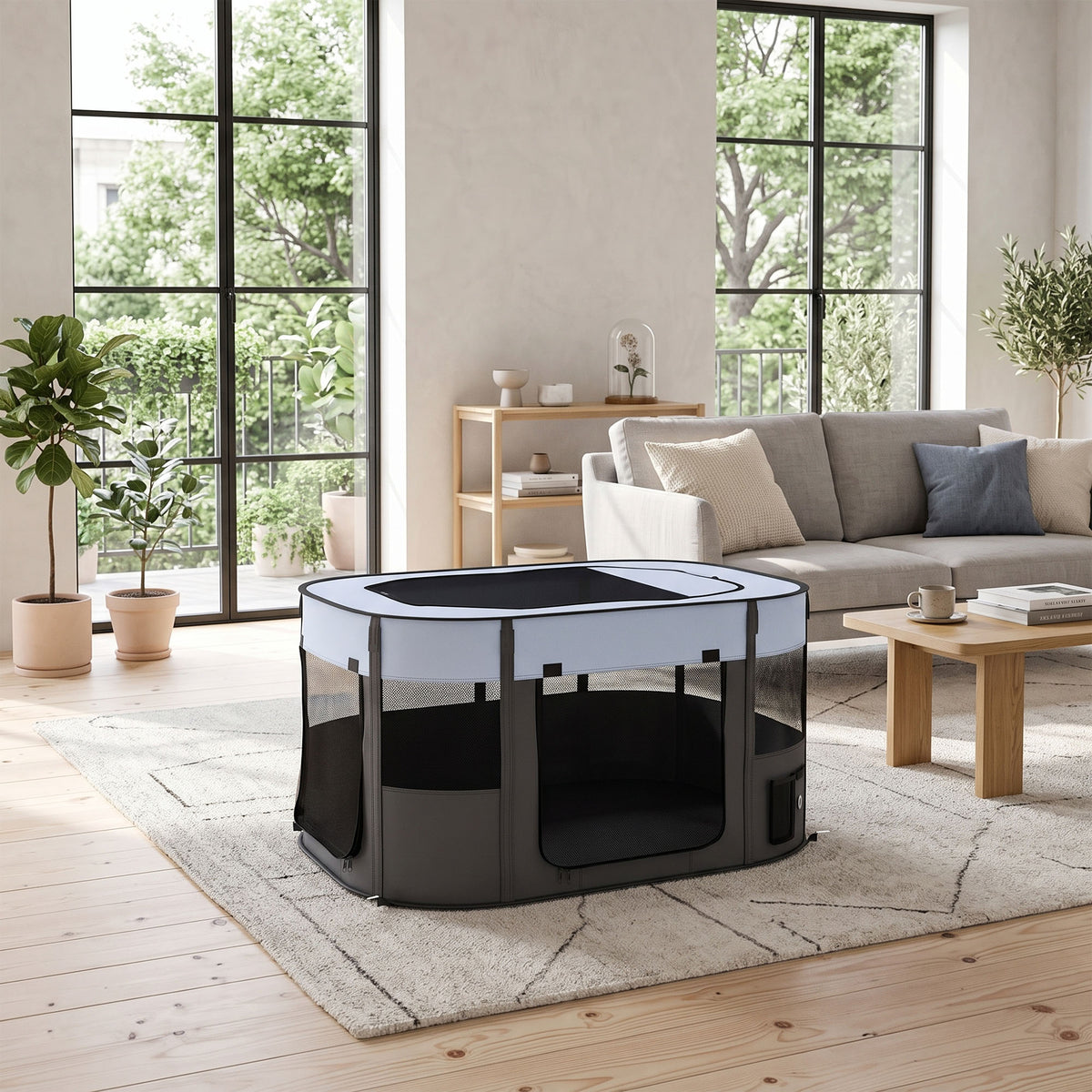 Parc pliable pour animaux de compagnie parc pour chiots en tissu Oxford avec fenêtres et portes sac de rangement gris-1