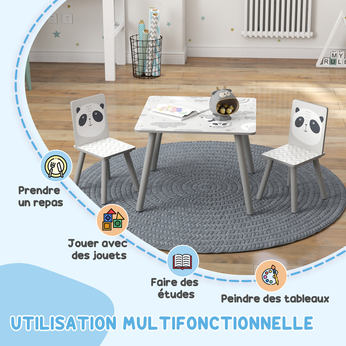 Ensemble table et chaises pour enfants, table pour enfant avec 2 chaises, motif animaux pour chambre à coucher gris-3