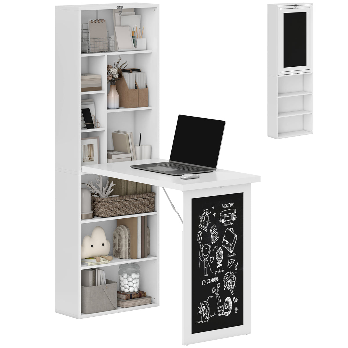 Bureau avec rangement pliable murale rabattable avec bibliothèque poste de travail tableau à craie et étagère réglable-0