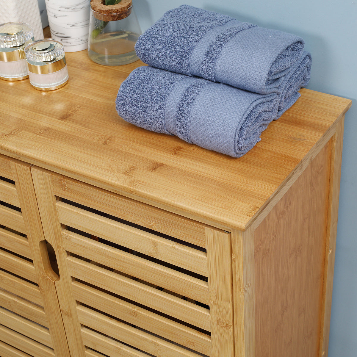 Meuble salle de bain en bambou armoire salle de bain sur pied avec double porte à lattes, 68 x 32 x 86 cm, naturel-7