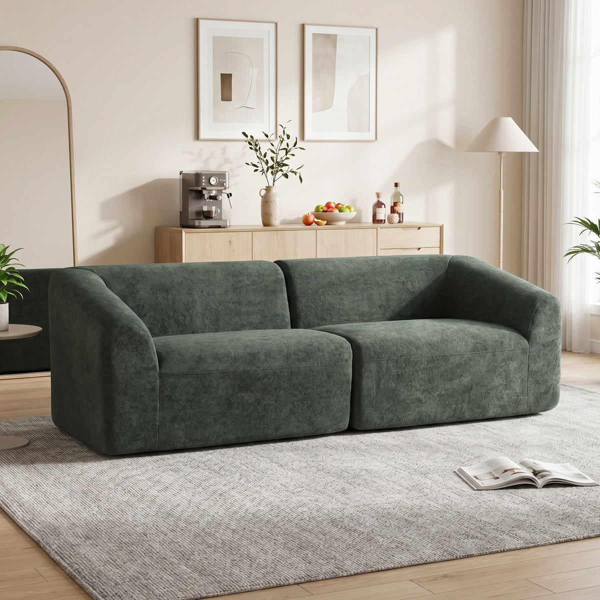 Canapé 3 places en chenille 225 cm, canapé salon rembourré moderne avec assise large, coussin à ressorts, vert foncé-9