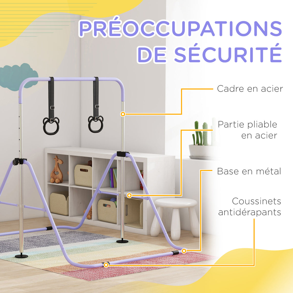 Barre de gymnastique pour enfants, barre horizontale pliable à hauteur réglable avec anneaux de gymnastique, violet-4