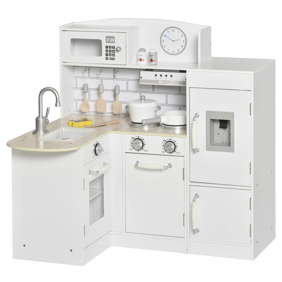 Cuisine Bois Jeu d'imitation - Cuisine Enfant 3+ Ans - Nombreux Accessoires & rangements Inclus - micro-ondes, hotte, évier avec robinet - MDF pin Blanc-0