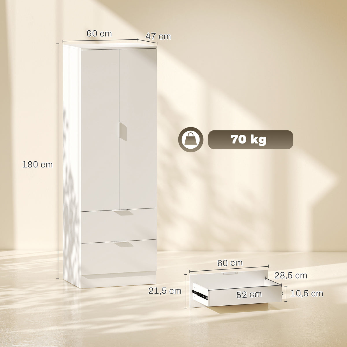 Armoire Chambre Penderie avec 2 Tiroirs, 2 Portes à Fermeture Douce et Barre de Suspension, 60 x 47 x 180 cm, Blanc-2