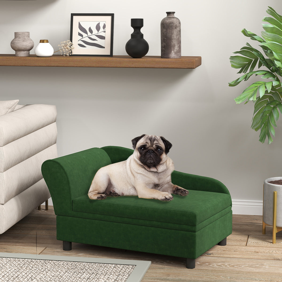 Canapé chien chat sur pied avec coffre de rangement style moderne coussin d'assise amovible 76 x 45 x 43 cm vert-1