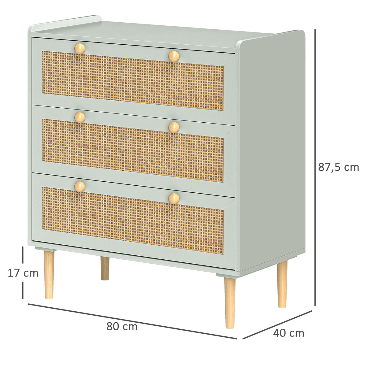 Commode design bohème en rotin avec 3 tiroirs, meuble de rangement pour le salon, le couloir, l'entrée, vert olive-2