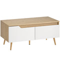 Table basse rectangulaire, table de salon moderne avec 2 tiroirs, 5 pieds en bois de pin, 100x50x46cm, chêne et blanc-0