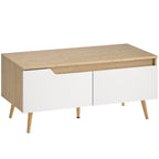 Table basse rectangulaire, table de salon moderne avec 2 tiroirs, 5 pieds en bois de pin, 100x50x46cm, chêne et blanc-0