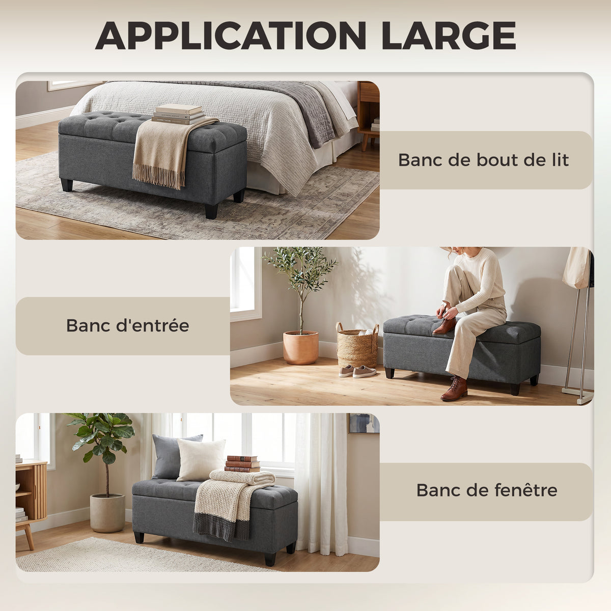 Banc de rangement pouf salon bout de lit coffre de rangement pour salon, chambre, entrée, 100 x 40 x 44 cm, gris foncé-7