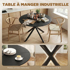 Table à Manger Ronde pour 4 Personnes 100 cm, Style Industriel avec Plateau Aspect Bois, Piètement Croisé en Acier, Noir-3