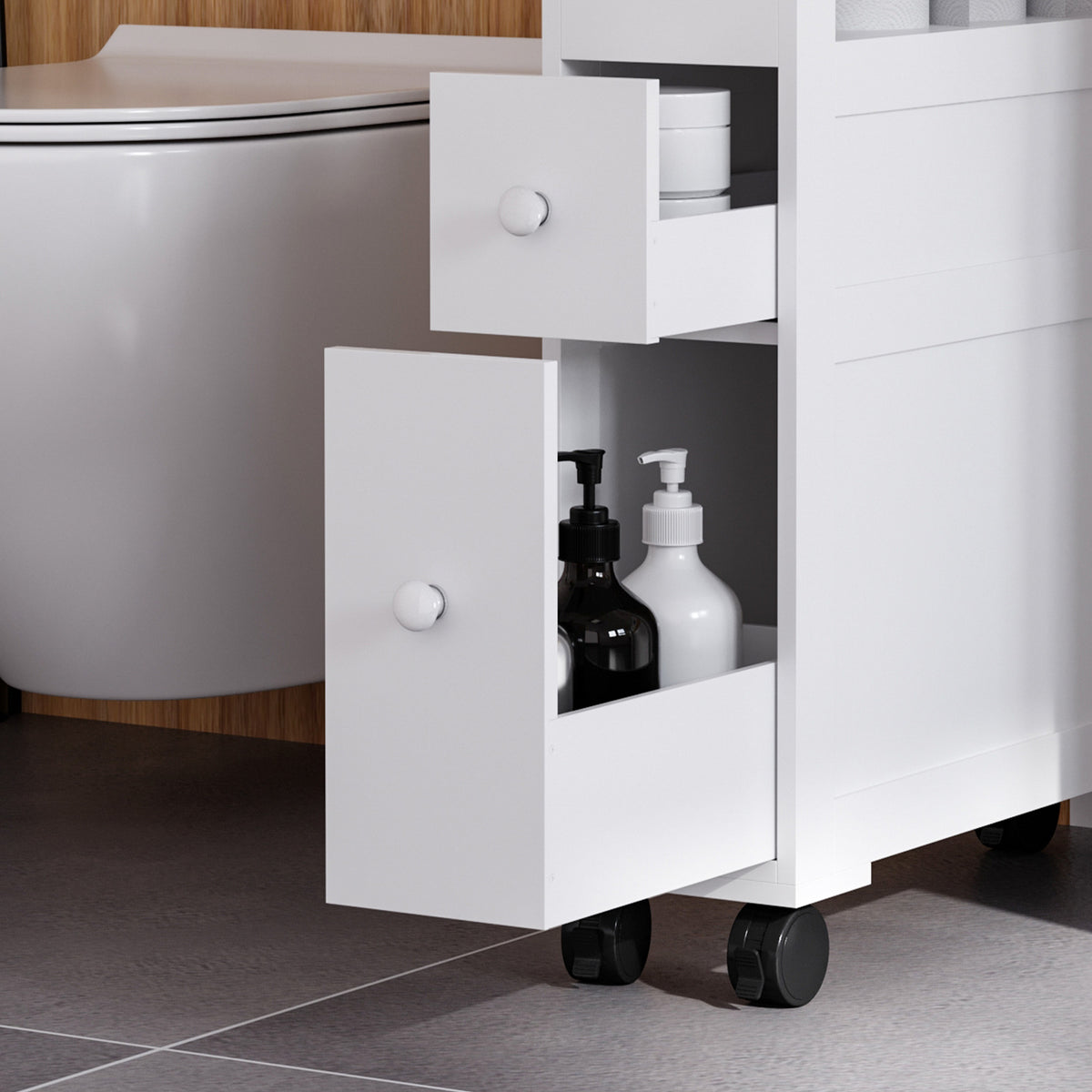 Meuble de rangement de salle de bain sur roulette armoire WC toilettes étagère ouverte 2 tiroirs 16 x 52 x 71,5 cm blanc-7
