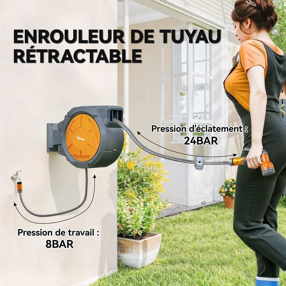 Enrouleur Tuyau Arrosage Mural 30 m x Ø 15 mm Dévidoir Automatique de Tuyaux d'Eau Rétractable Automatique orange-3
