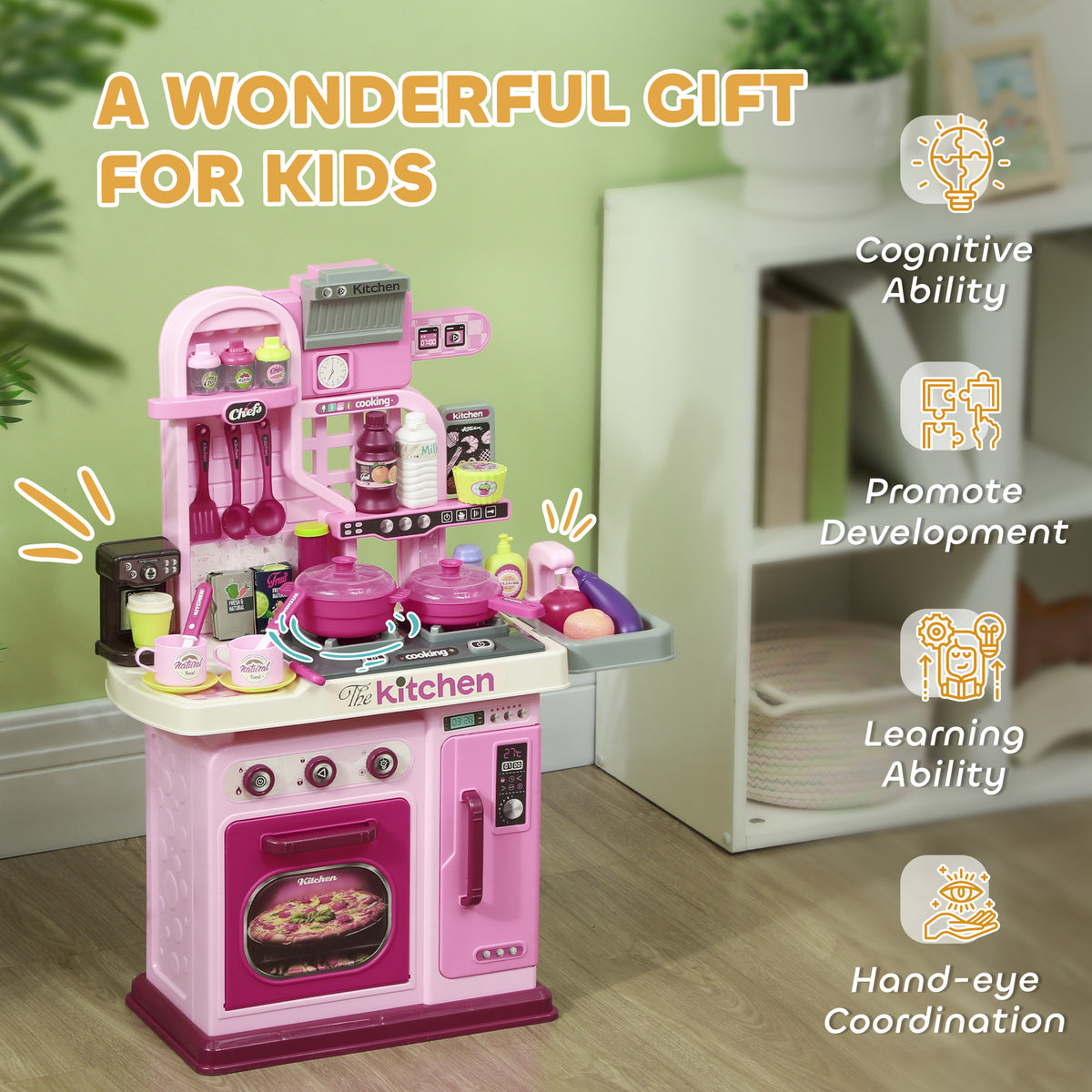 Cuisine enfant accessoires 33 PCS jouet d'imitation pour enfant dinette enfant 3-6 ans lumières et sons réalistes rose-7