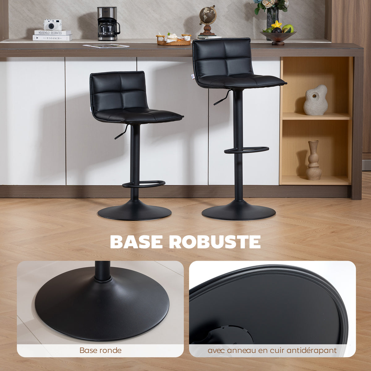 Lot de 2 tabourets de bar, chaises de bar réglable en hauteur avec assise pivotant en PU 44 x 45 x 85-106 cm noir-6