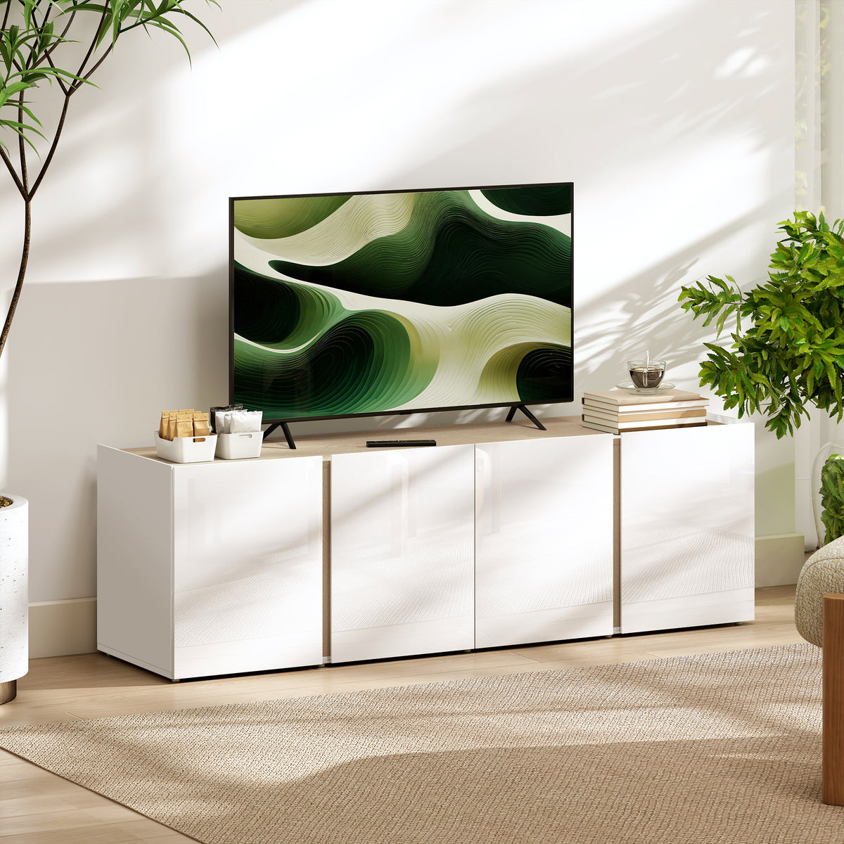 Meuble TV, banc TV avec 4 portes à fermeture amortie, étagère réglable et passe-câbles, 135 x 38 x 45 cm, blanc-9