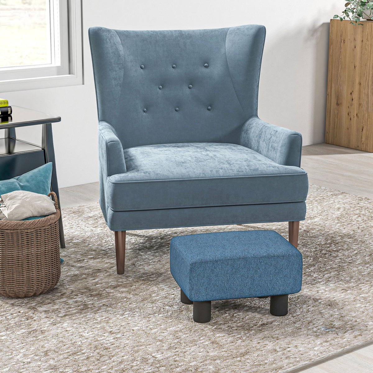 Pouf repose-pied tabouret bas en tissu de lin capacité de charge 110 Kg 40 x 30 x 24 cm bleu foncé-1