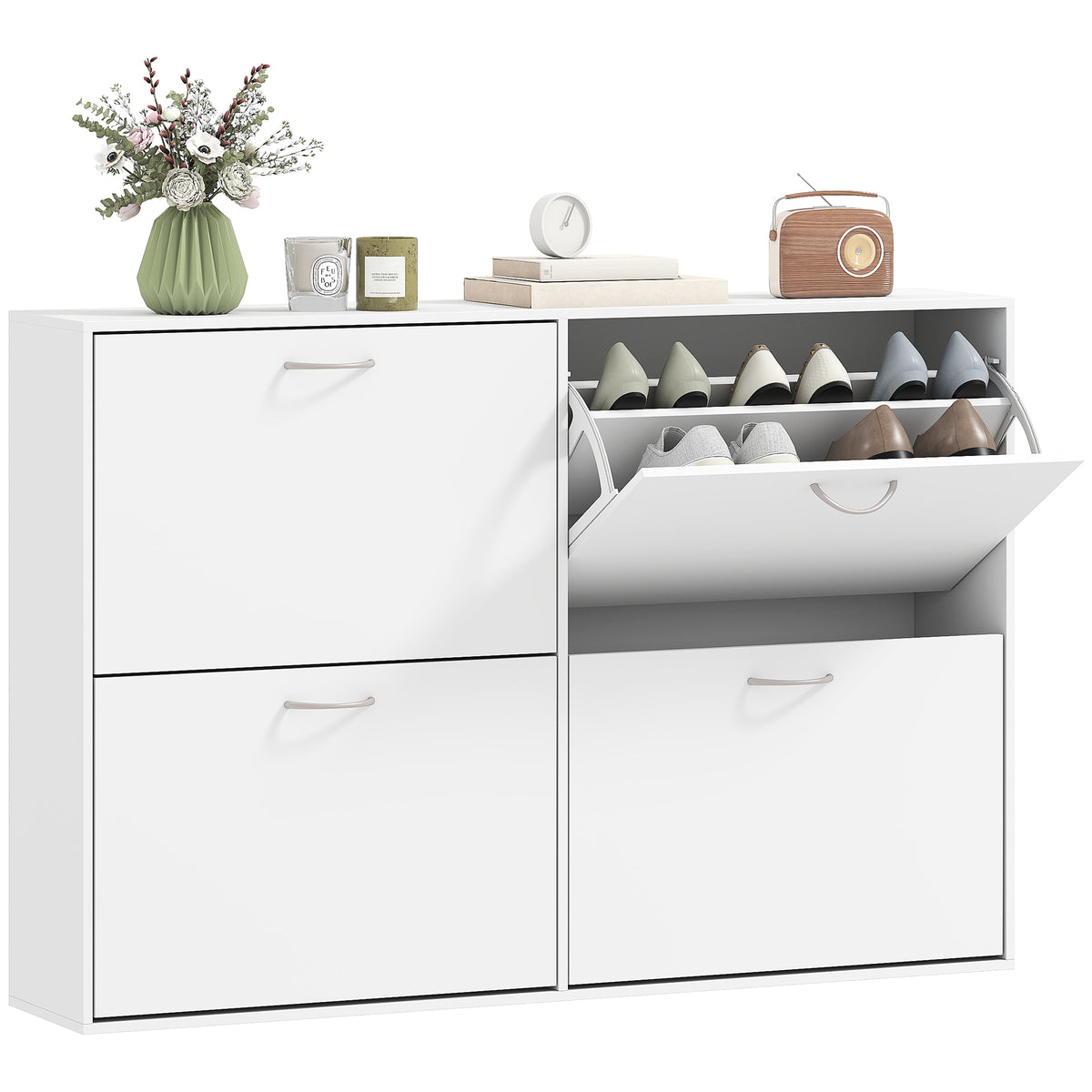 Armoire à Chaussures Meuble à Chaussures Grande Taille dim. 120L x 24l x 81H cm 4 Portes abattantes Double Niveau en Bois Blanc-0