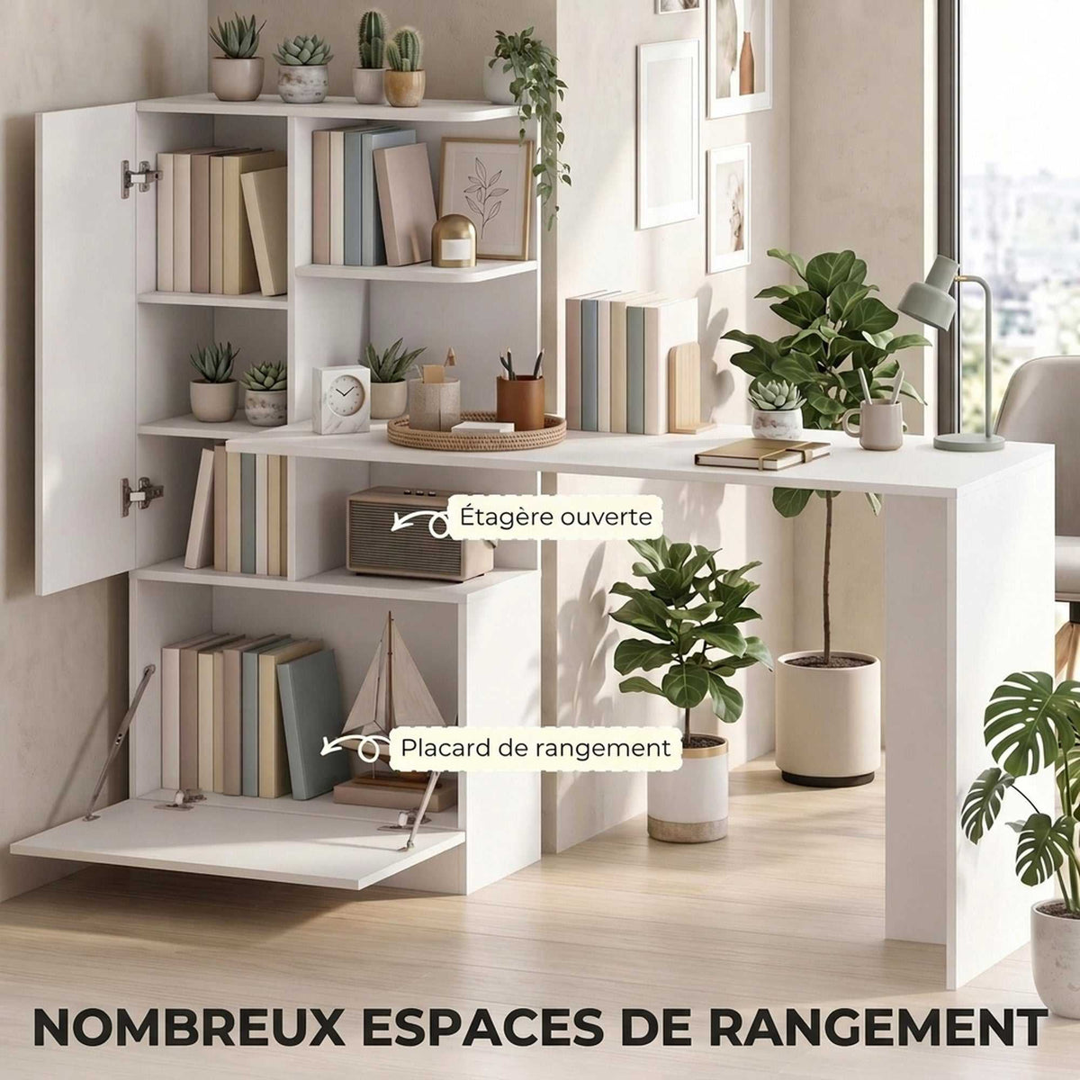 Bureau d'Ordinateur avec Bibliothèque, Bureau Informatique, Placard et Étagères Ouvertes, 150x55x122cm, Blanc-3