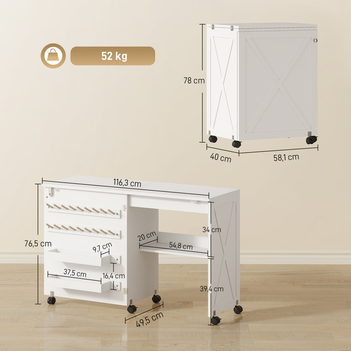 Table de Couture Pliante, Meuble Couture Roulant, Porte Magnétique de Grange, 2 Bacs, Étagère, 18 Chevilles, Blanc-2