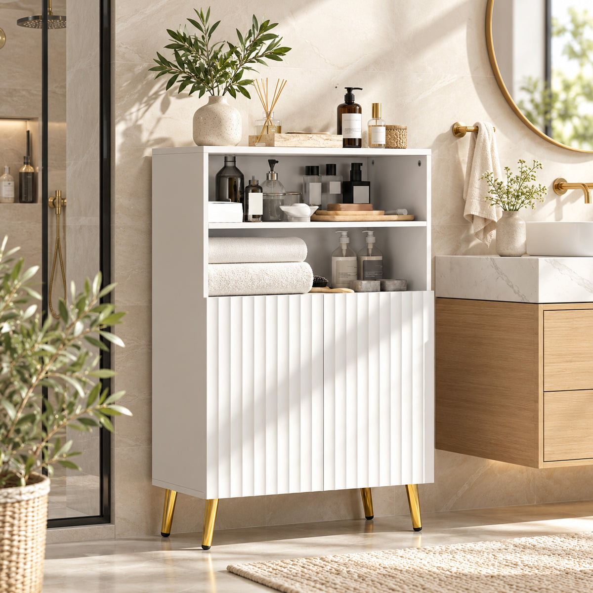 Meuble salle de bain, armoire salle de bain étroit 5 niveaux, portes cannelées à fermeture douce 60 x 31,8 x 93 cm blanc-9