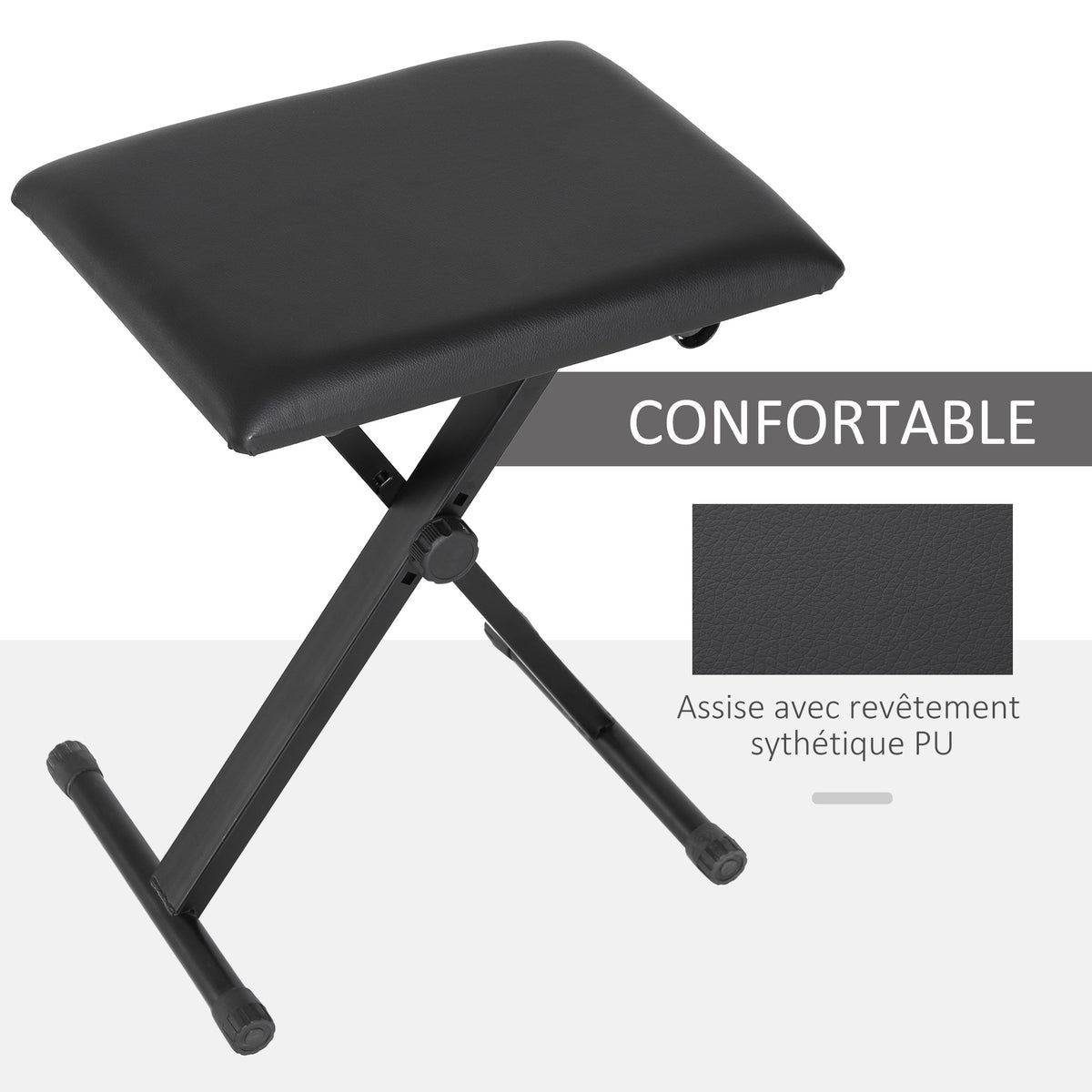 Tabouret piano pliable, banc haut. réglable 37 47 cm, siège rembourré PU pieds métal antidérapants, 100 kg, noir-3