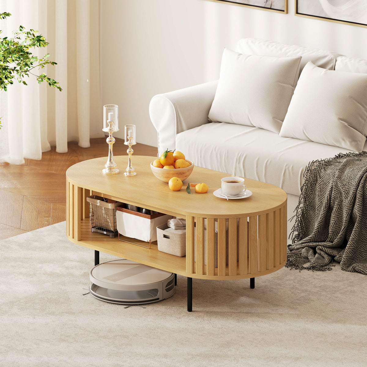 Table basse ovale, table de salon avec rangement, coins arrondis, design lattes, 100 x 50 x 40 cm, effet bois naturel-9