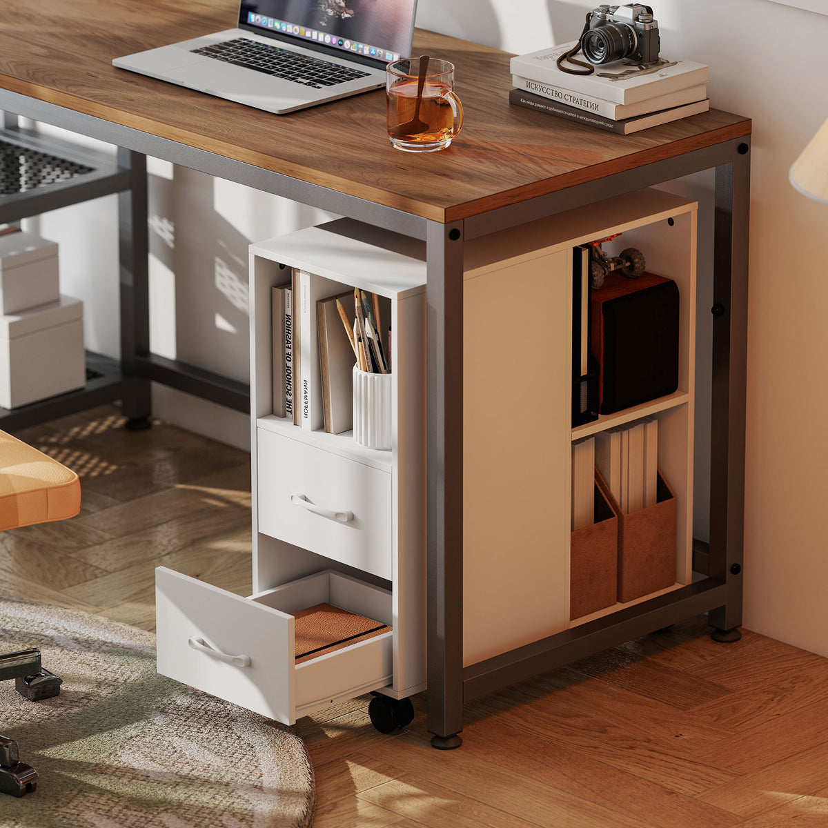 Support d'imprimante, meuble de rangement sur roulettes avec tiroirs, étagère réglable et compartiment ouvert, blanc-4