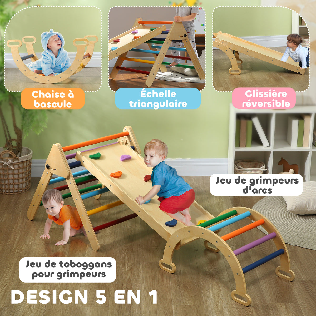 5 en 1 Triangle arche d'escalade enfants avec rampe d'escalade réversible toboggan bascule multicolore-3