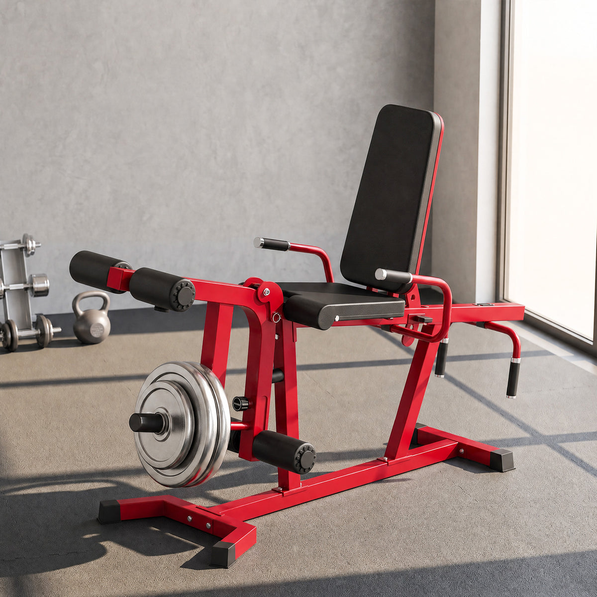 Machine d'Extension de Jambe 3 en 1 Charge 300 kg, Dossier et Positions Réglables, Disques Libres, 163x58x118cm, Rouge-9