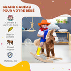 Cheval à Bascule Cheval de Cowboy Selle Grand Confort pour Enfants de 36+Mois Peluche Courte Douce Bois peuplier Charge 40 Kg Brun Blanc-3