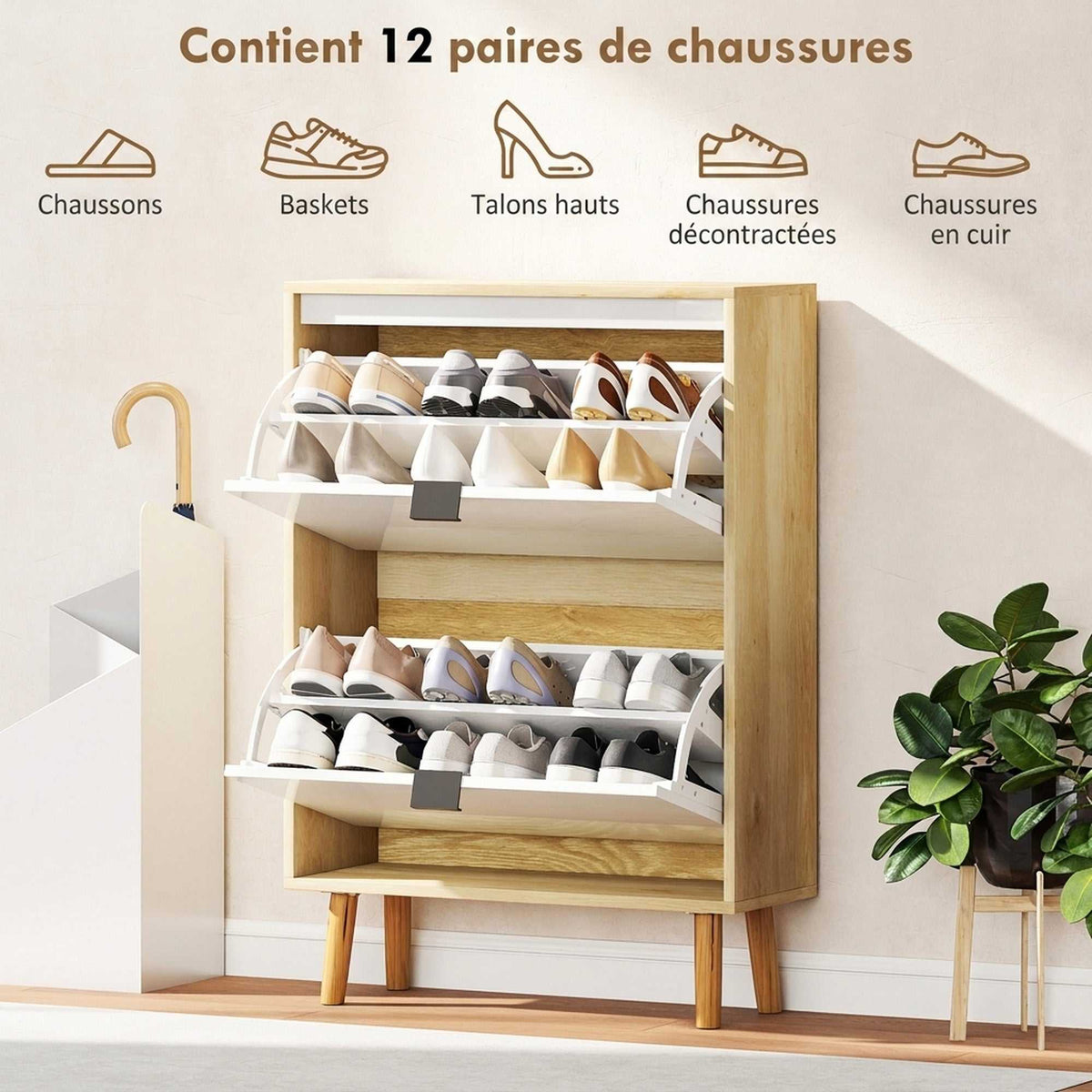 Meuble à chaussures, armoire à chaussures étroite, 2 tiroirs rabattables, portes haute brillante, 60x24x91cm, blanc-4