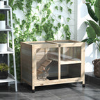 Cage à lapin clapier sur roulettes petit enclos animaux en bois massif 2 étages toit ouvrant plates-formes 91,5 x 53,3 x 73 cm bois naturel-1