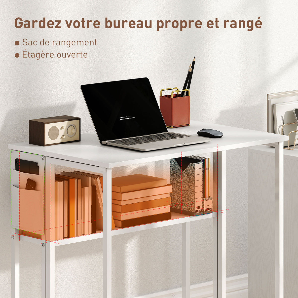 Bureau pliable sur roulettes 80 x 50 cm avec étagère et sac de rangement, blanc-4