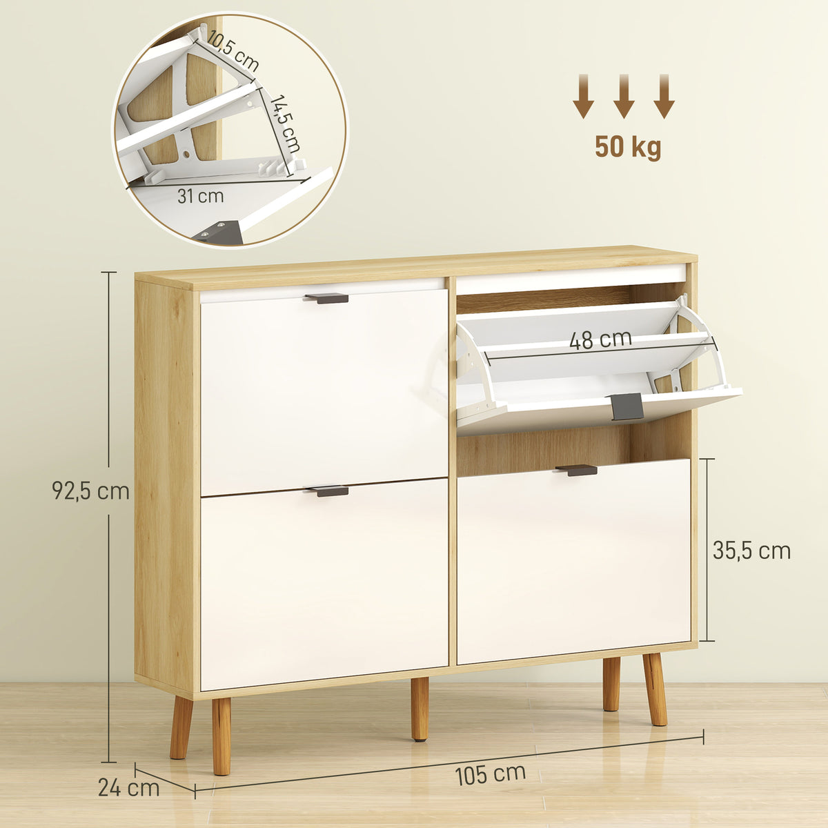 Meuble à chaussures, armoire à chaussures étroite, 4 tiroirs rabattables, porte haute brillante, 105x24x92,5cm, blanc-2