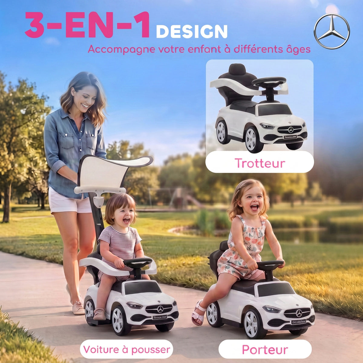 Porteur Enfants 3 en 1 Mercedes-Benz sous Licence, Garde-Corps, Espace de Rangement, Klaxon, 83x40x90cm, Blanc-3